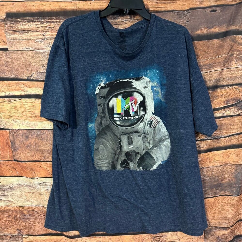 MTV Men's 2XL Heather Blue Astronaut Space Graphic T-Shirt Cotton Blend
